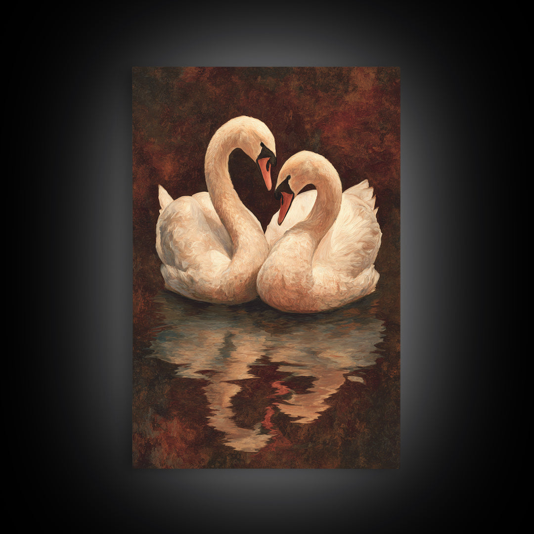 Two Swans Forming a Heart on Dark Canvas Print, Wedding Art, Contemporary Art, Living Room Decor, Fine Art, Romance, Custom Art, WED-2x3-58