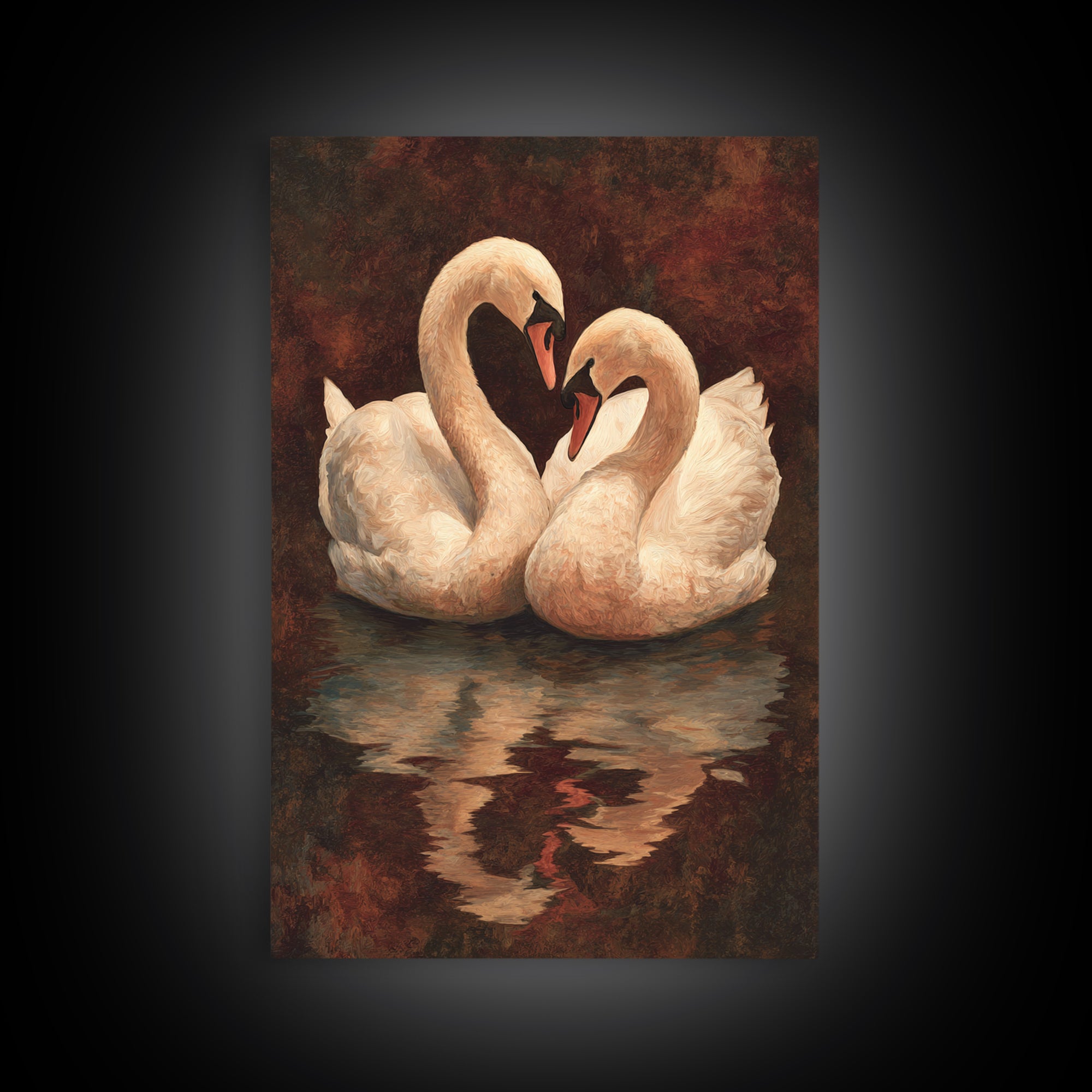 Two Swans Forming a Heart on Dark Canvas Print, Wedding Art, Contemporary Art, Living Room Decor, Fine Art, Romance, Custom Art, WED-2x3-58