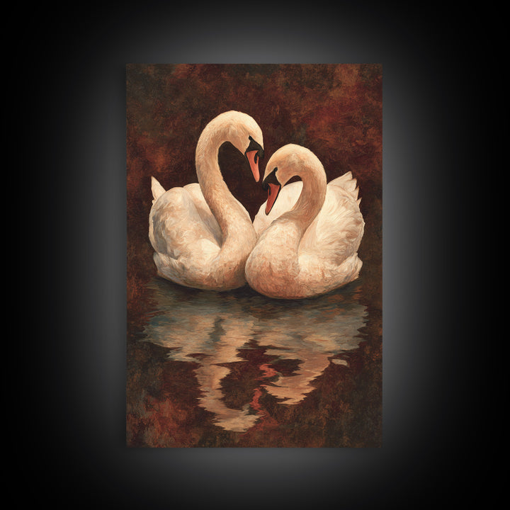 Two Swans Forming a Heart on Dark Canvas Print, Wedding Art, Contemporary Art, Living Room Decor, Fine Art, Romance, Custom Art, WED-2x3-58