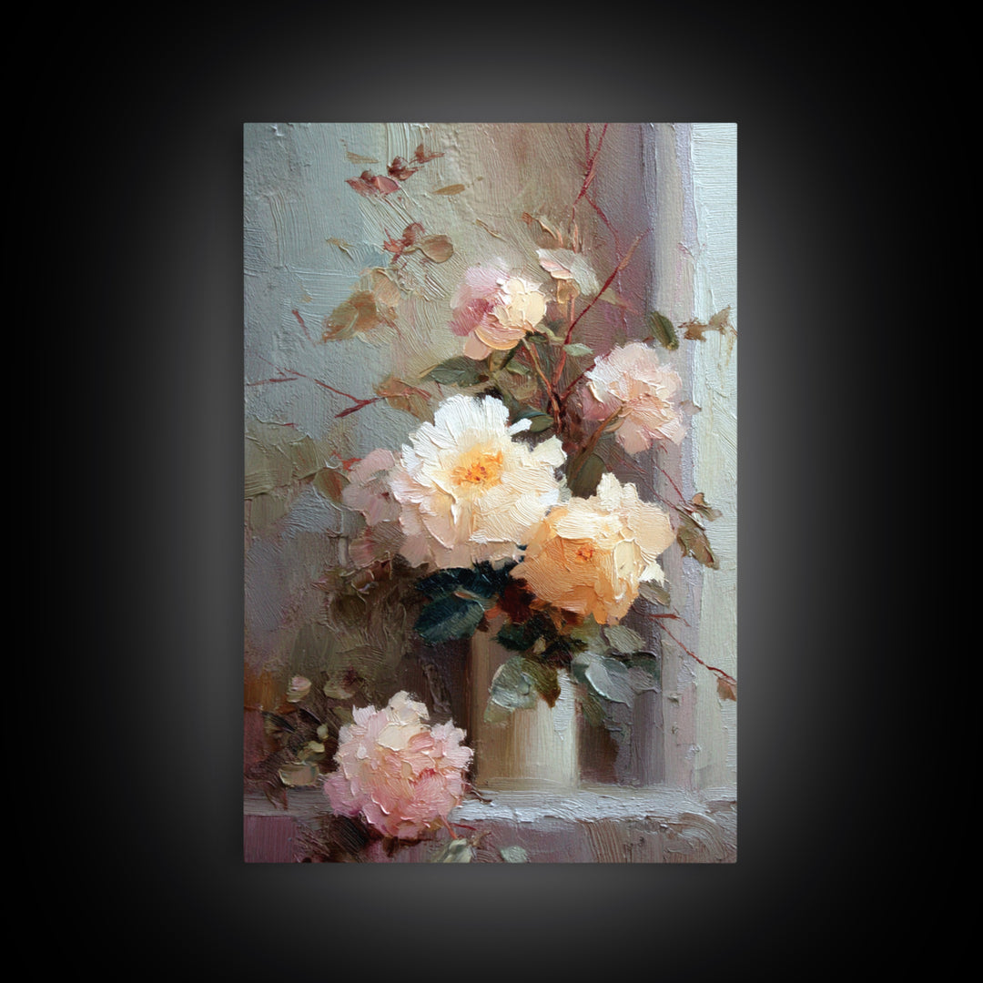Romantic Candle and Floral Still Life Framed Canvas Print, Wedding Art, Gallery Decor, Living Room Decor, Oil Painting, Romance, WED-2x3-6