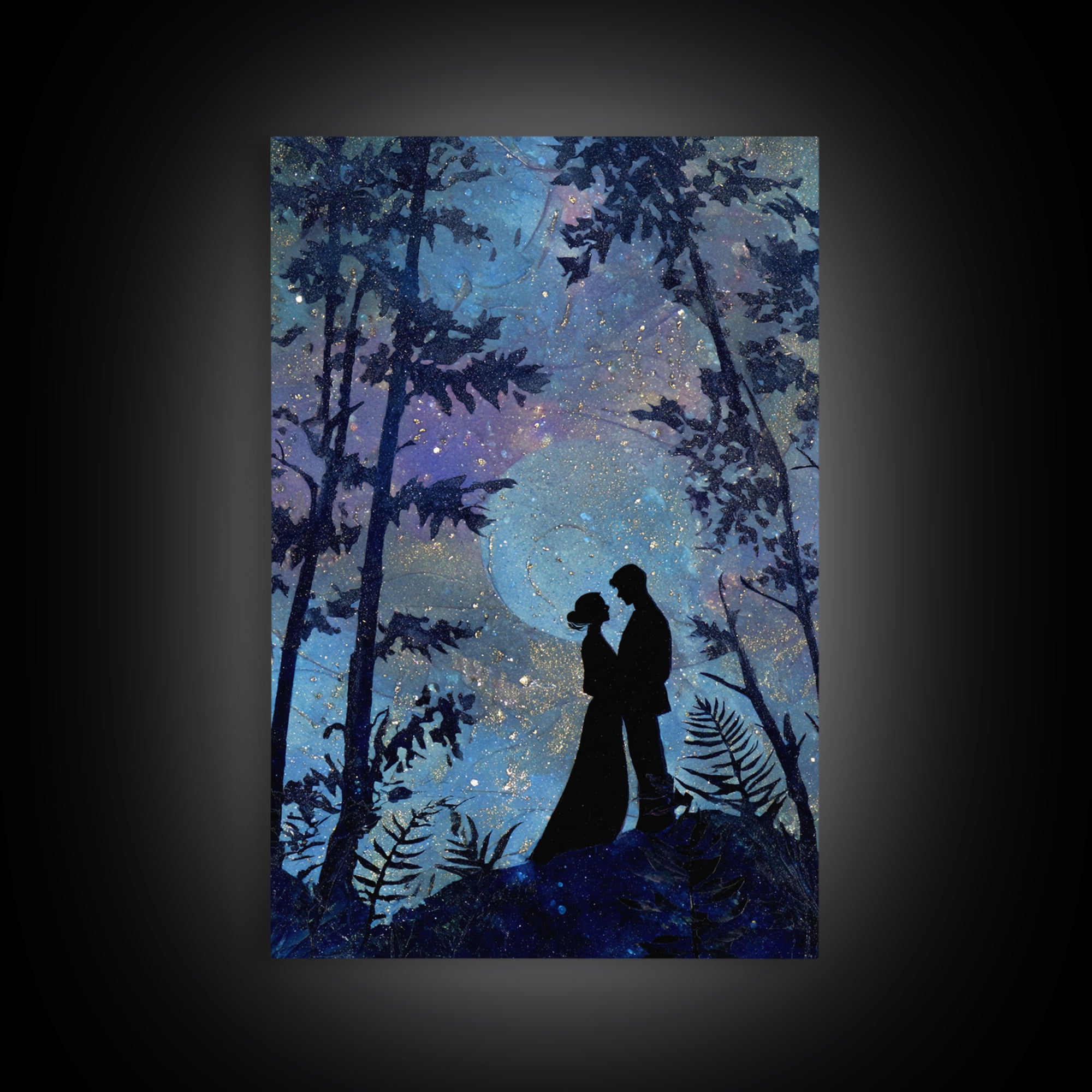 Couple Silhouette Beneath Moonlit Trees Canvas Print, Wedding Art, Wedding, Living Room Decor, Romance, Wedding Guestbook, WED-2x3-61