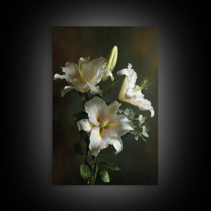 White Lilies and Eucalyptus Arrangement Canvas Print, Wedding Art, Wedding Gift, Living Room Decor, Fine Art, Romance, WED-2x3-65