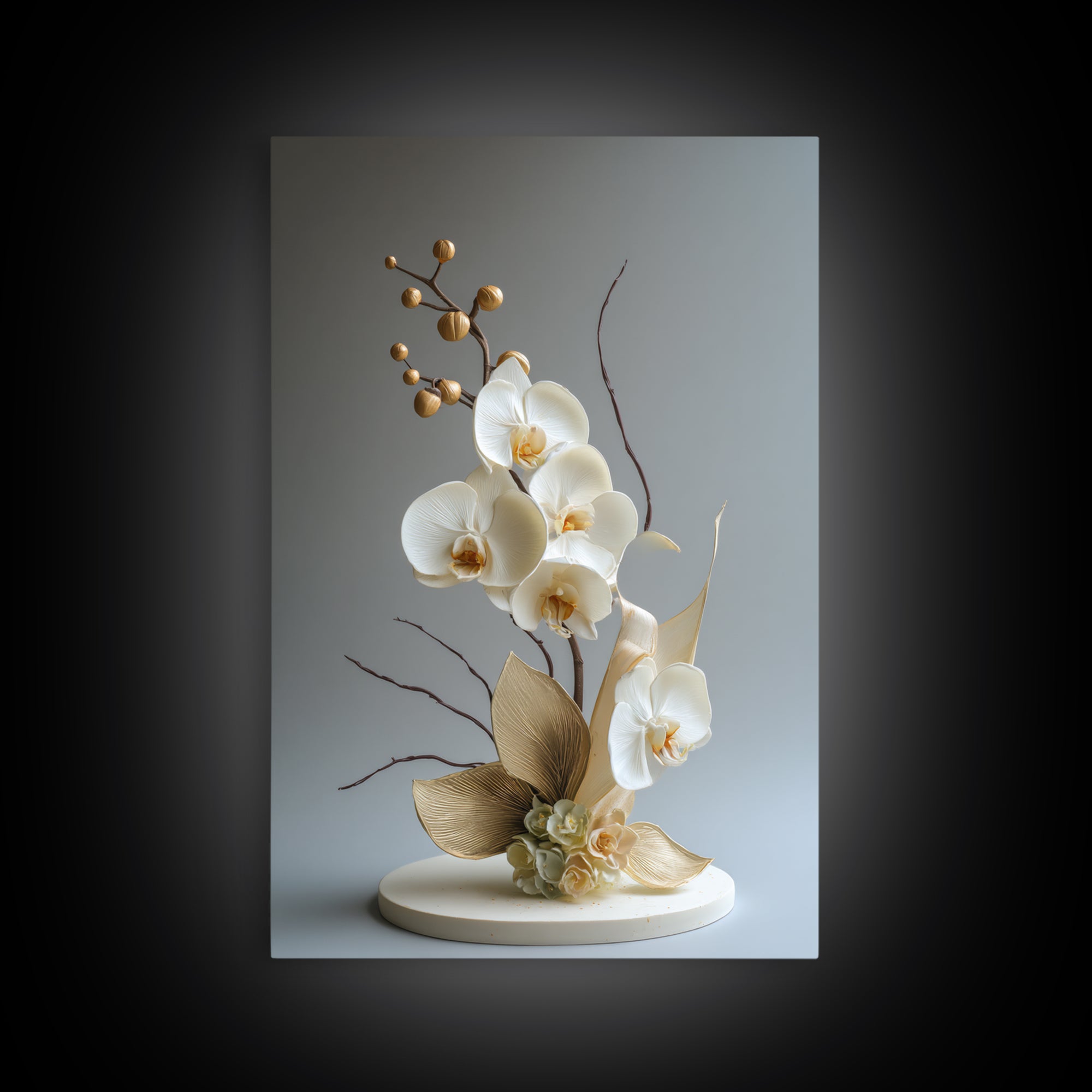 White Orchid and Gold Ribbon Composition Framed Canvas Print, Wedding Art, Custom Art, Living Room Decor, Oil Painting, Romance, WED-2x3-8