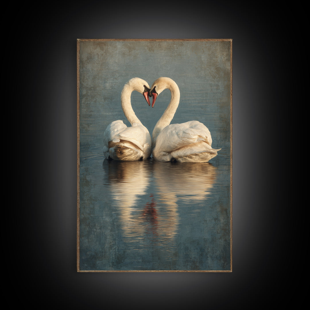 Two Swans Forming a Heart on Dark Canvas Print, Wedding Art, Contemporary Art, Living Room Decor, Fine Art, Romance, Custom Art, WED-2x3-82
