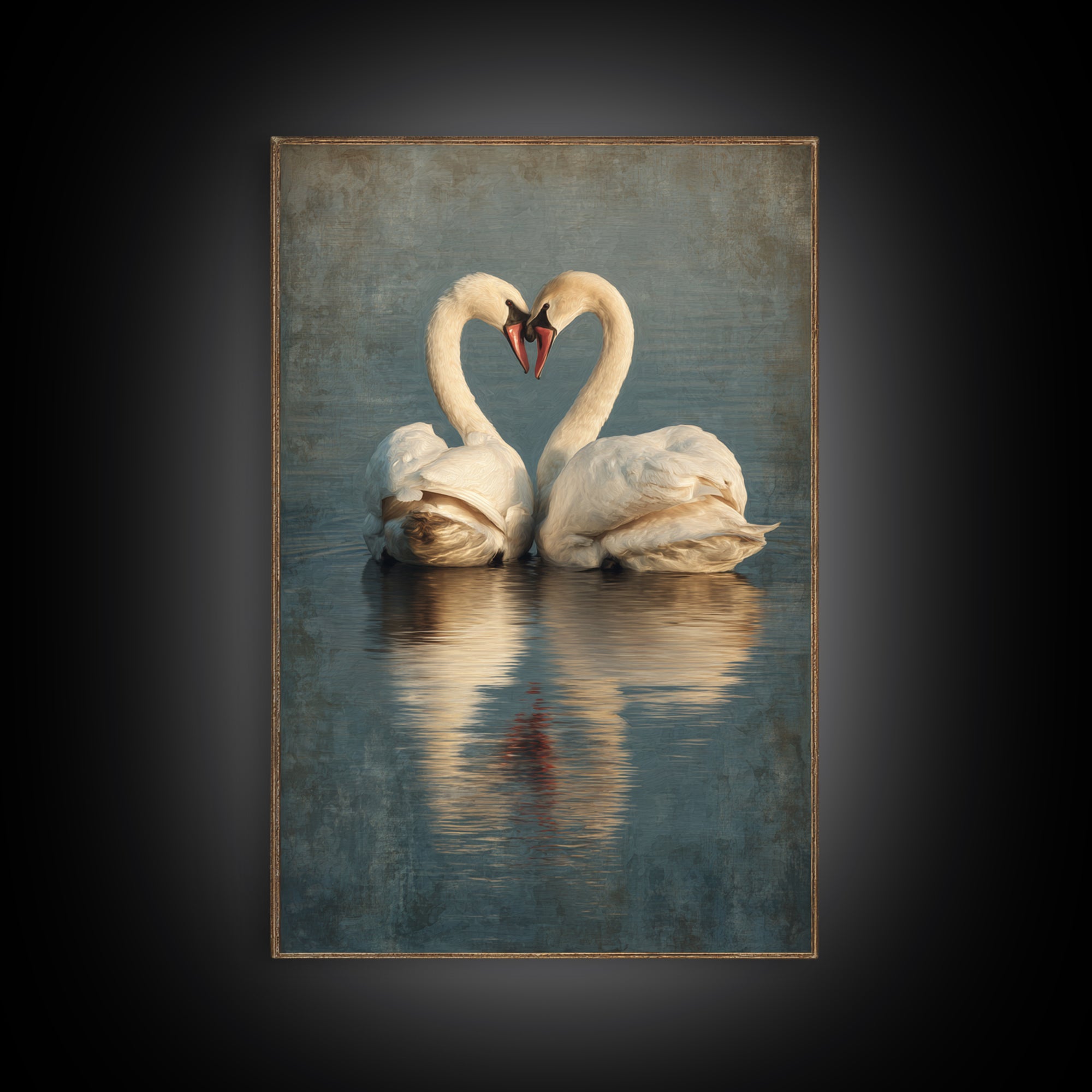 Two Swans Forming a Heart on Dark Canvas Print, Wedding Art, Contemporary Art, Living Room Decor, Fine Art, Romance, Custom Art, WED-2x3-82