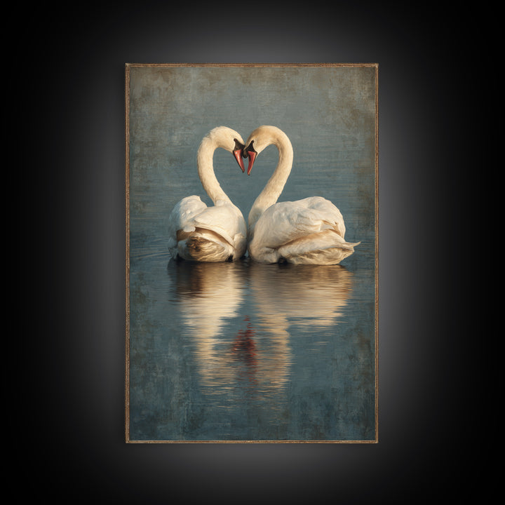 Two Swans Forming a Heart on Dark Canvas Print, Wedding Art, Contemporary Art, Living Room Decor, Fine Art, Romance, Custom Art, WED-2x3-82