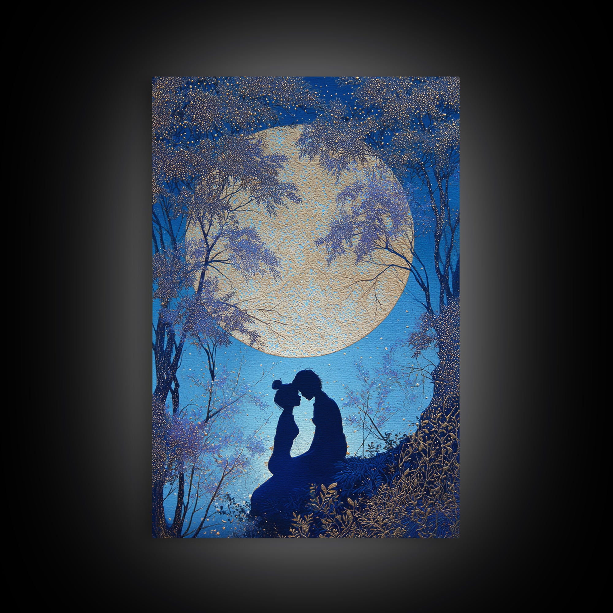 Couple Silhouette Beneath Moonlit Trees Framed Canvas Print, Wedding Art, Wedding Sign, Living Room Decor, Fine Art, Romance, WED-2x3-85