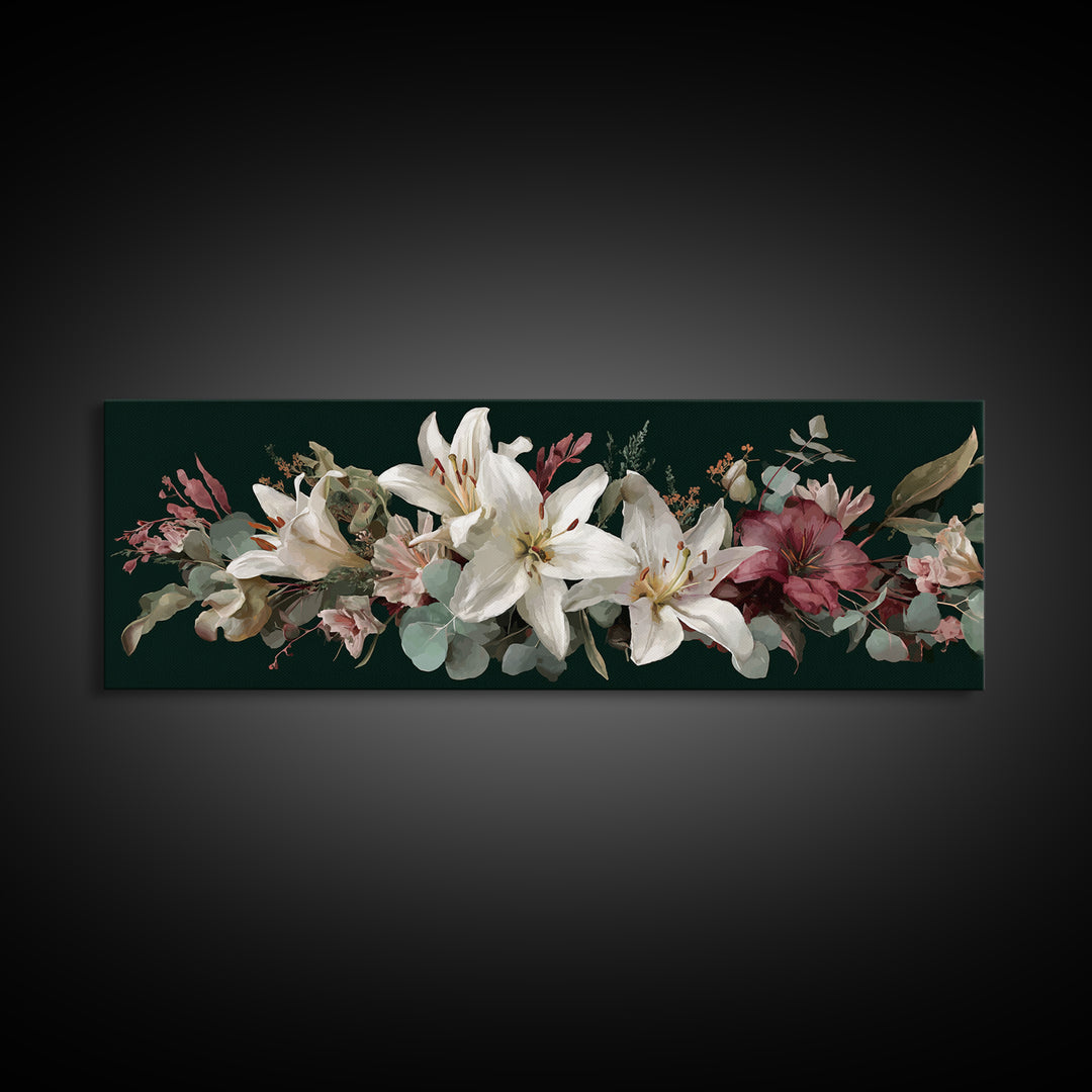 White Lilies and Eucalyptus Arrangement Framed Canvas Print, Wedding Art, Wedding Sign, Living Room Decor, Fine Art, Romance, WED-3x1-1