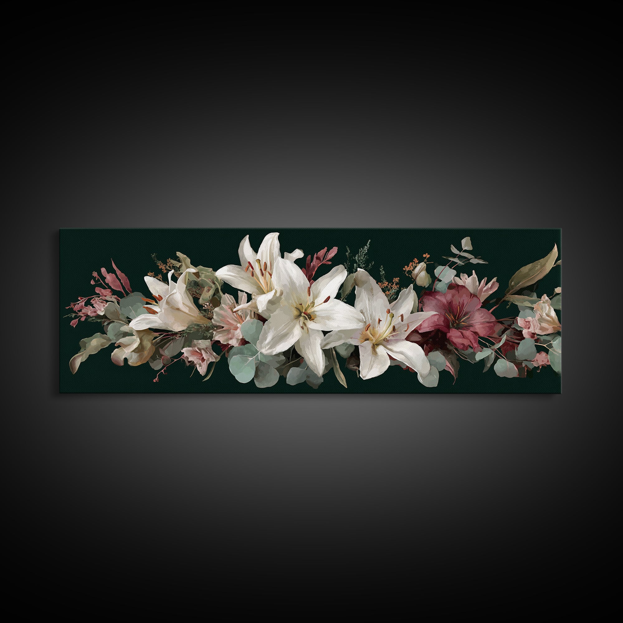 White Lilies and Eucalyptus Arrangement Framed Canvas Print, Wedding Art, Wedding Sign, Living Room Decor, Fine Art, Romance, WED-3x1-1