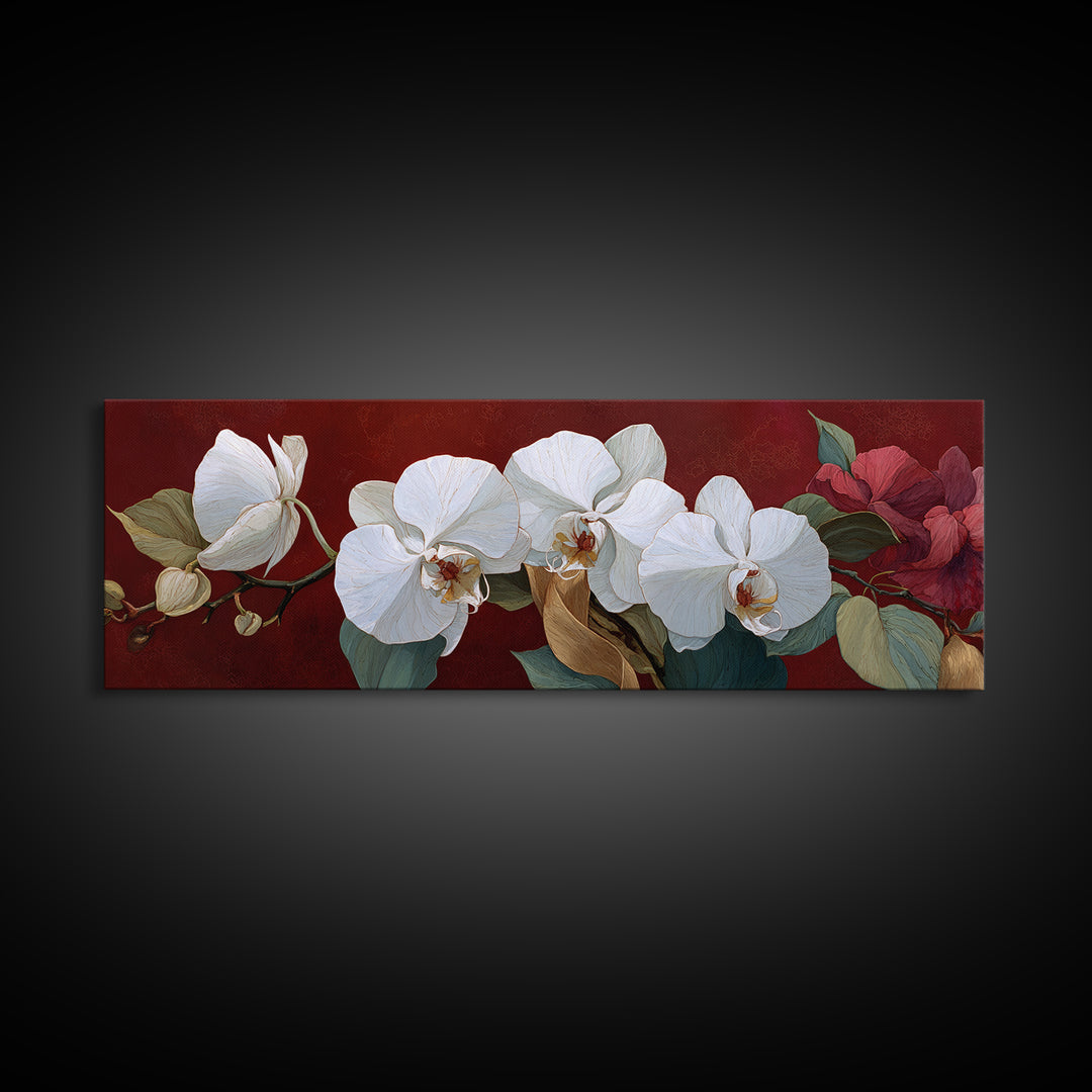 White Orchid and Gold Ribbon Composition Canvas Print, Wedding Art, Rustic Wedding, Living Room Decor, Fine Art, Romance, WED-3x1-16