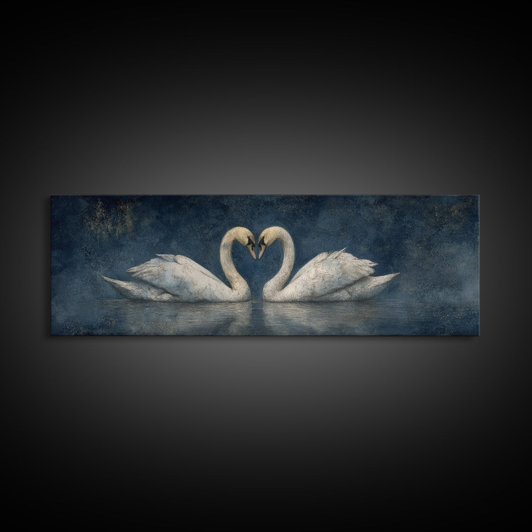 Two Swans Forming a Heart on Dark Framed Canvas Print, Wedding Art, Custom Portrait, Living Room Decor, Fine Art, Romance, WED-3x1-18