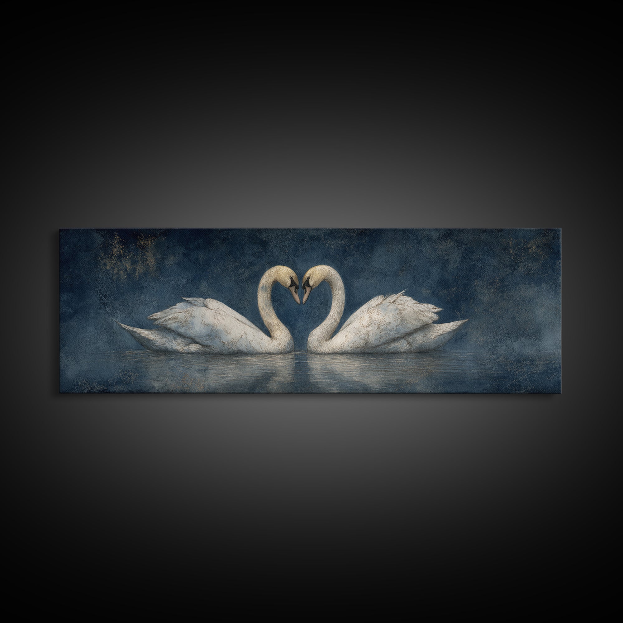 Two Swans Forming a Heart on Dark Framed Canvas Print, Wedding Art, Custom Portrait, Living Room Decor, Fine Art, Romance, WED-3x1-18