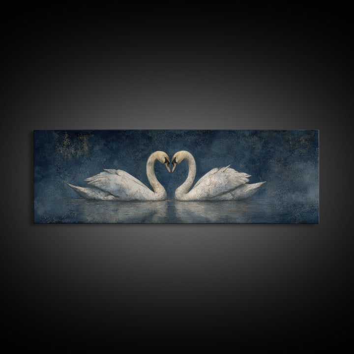 Two Swans Forming a Heart on Dark Framed Canvas Print, Wedding Art, Custom Portrait, Living Room Decor, Fine Art, Romance, WED-3x1-18