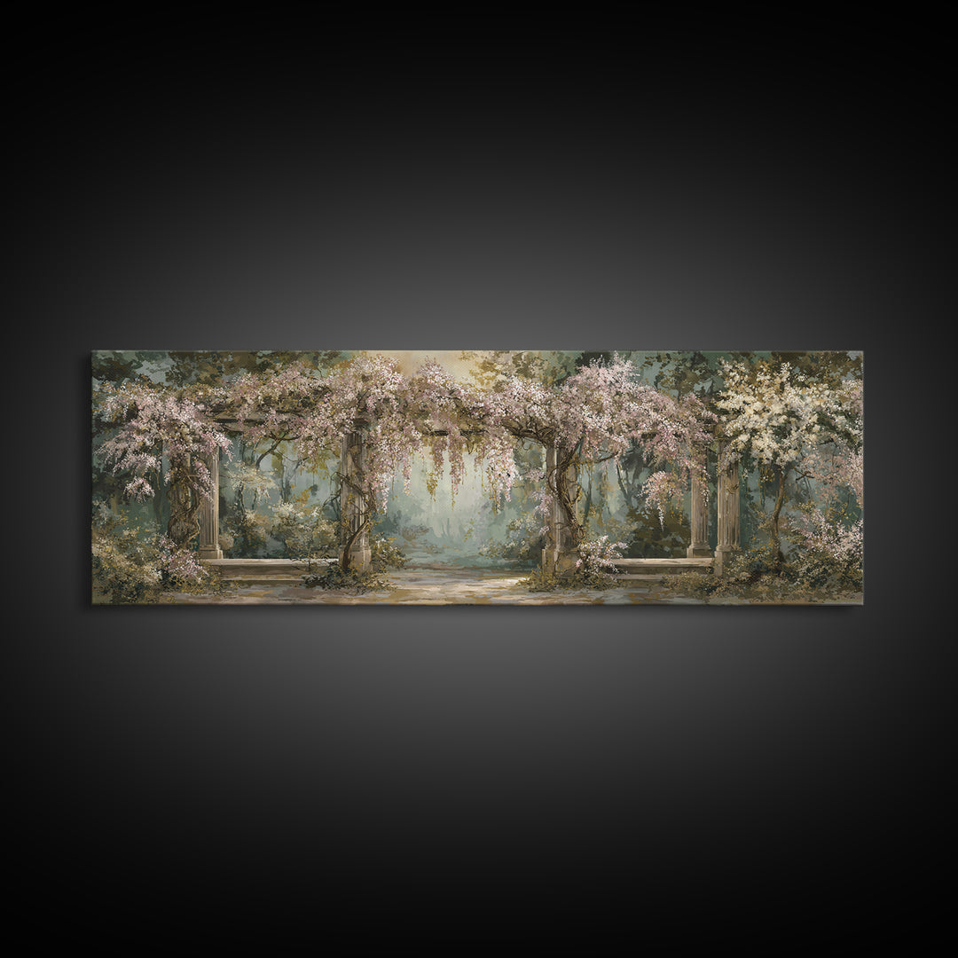 Romantic Garden Arch Covered Framed Canvas Print, Wedding Art, Art, Living Room Decor, Watercolor Art, Romance, WED-3x1-2