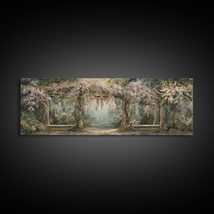 Romantic Garden Arch Covered Framed Canvas Print, Wedding Art, Art, Living Room Decor, Watercolor Art, Romance, WED-3x1-2