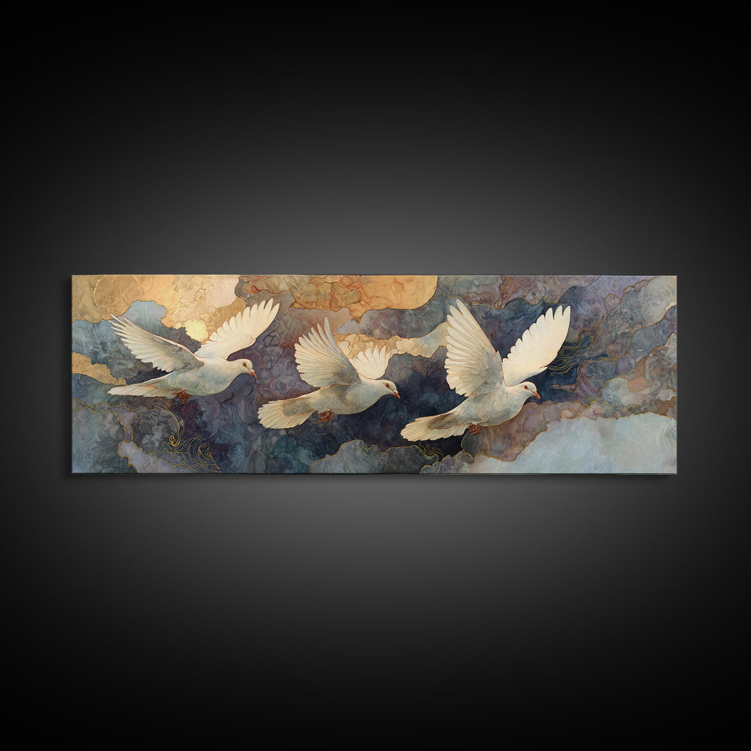 Doves Flying Through Soft Golden Light Framed Canvas Print, Wedding Art, Neutral Decor, Living Room Decor, Fine Art, Romance, WED-3x1-27