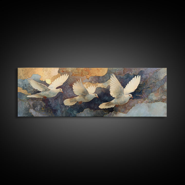 Doves Flying Through Soft Golden Light Framed Canvas Print, Wedding Art, Neutral Decor, Living Room Decor, Fine Art, Romance, WED-3x1-27