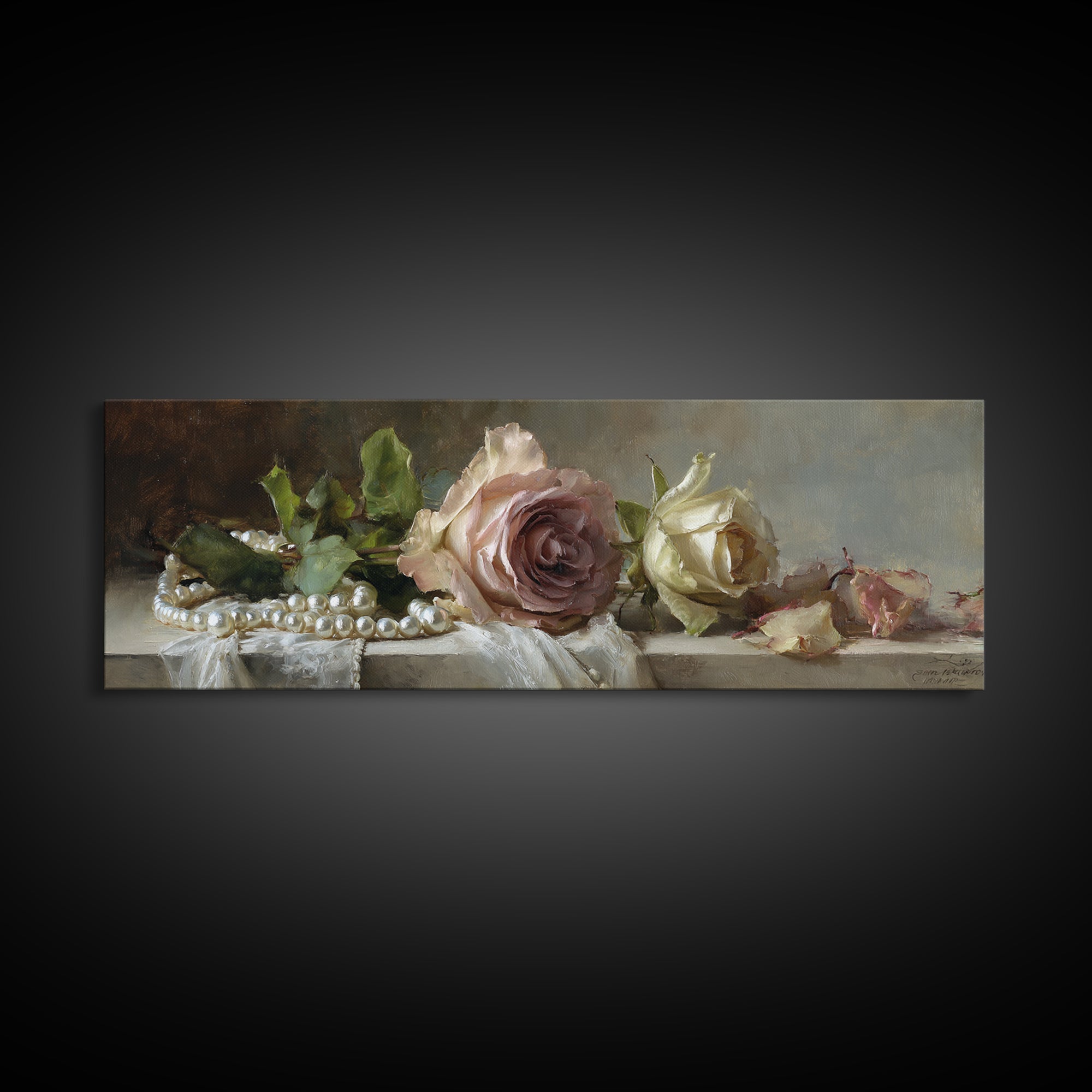 Pearl Necklace and Rose Still Life Framed Canvas Print, Wedding Art, Wedding Painting, Living Room Decor, Oil Painting, Romance, WED-3x1-28
