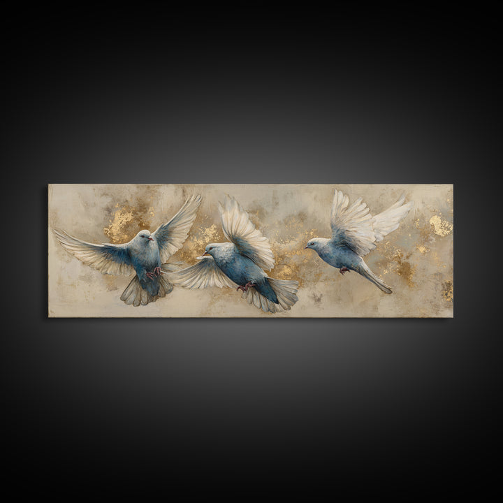 Doves Flying Through Soft Golden Light Canvas Print, Wedding Art, Personalized Wedding, Living Room Decor, Fine Art, Romance, WED-3x1-3