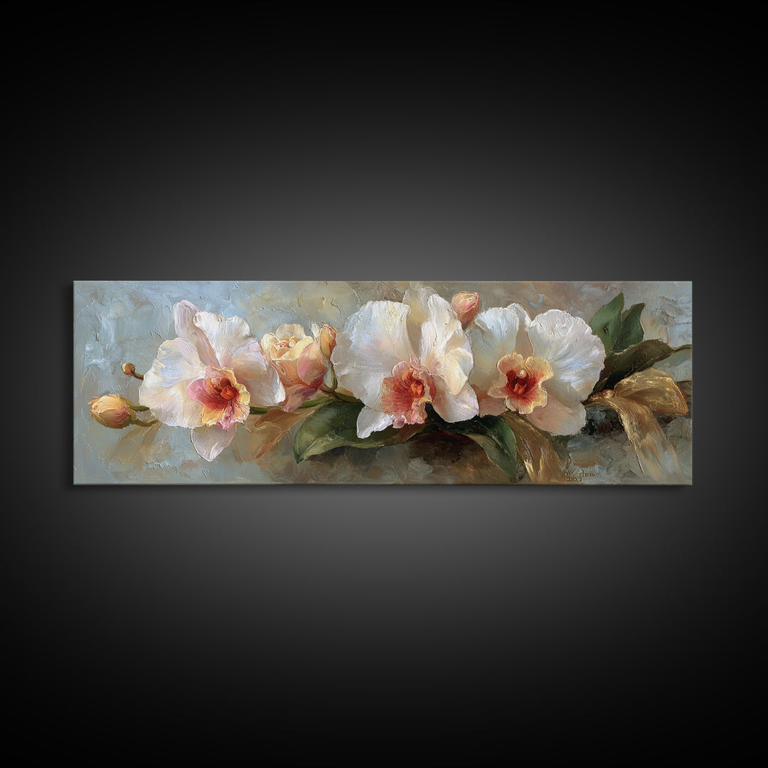 White Orchid and Gold Ribbon Composition Canvas Print, Wedding Art, Wedding Stationery, Living Room Decor, Fine Art, Romance, WED-3x1-40