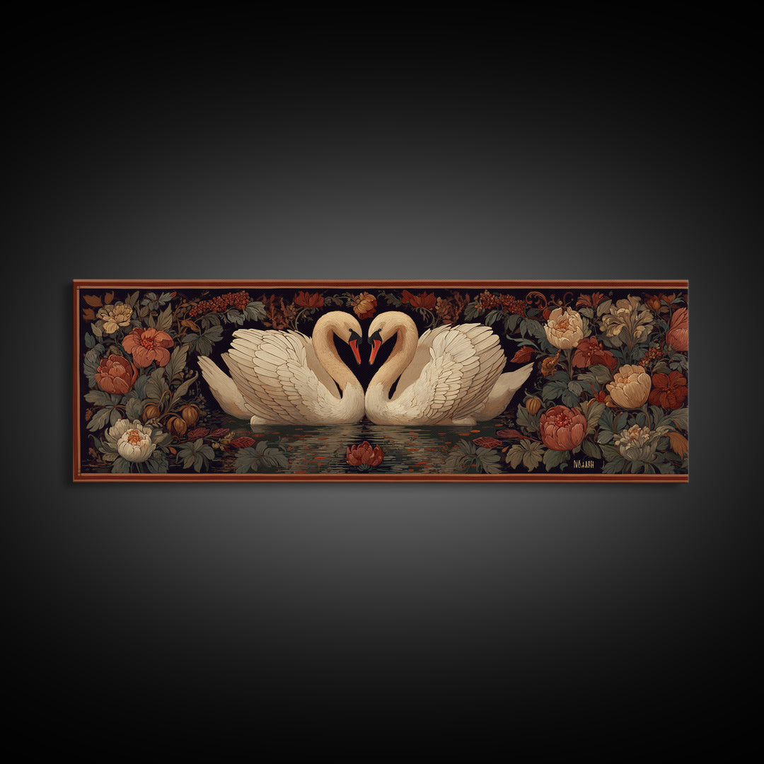 Two Swans Forming a Heart on Dark Canvas Print, Wedding Art, Printable Art, Living Room Decor, Fine Art, Romance, Beach Wedding, WED-3x1-42