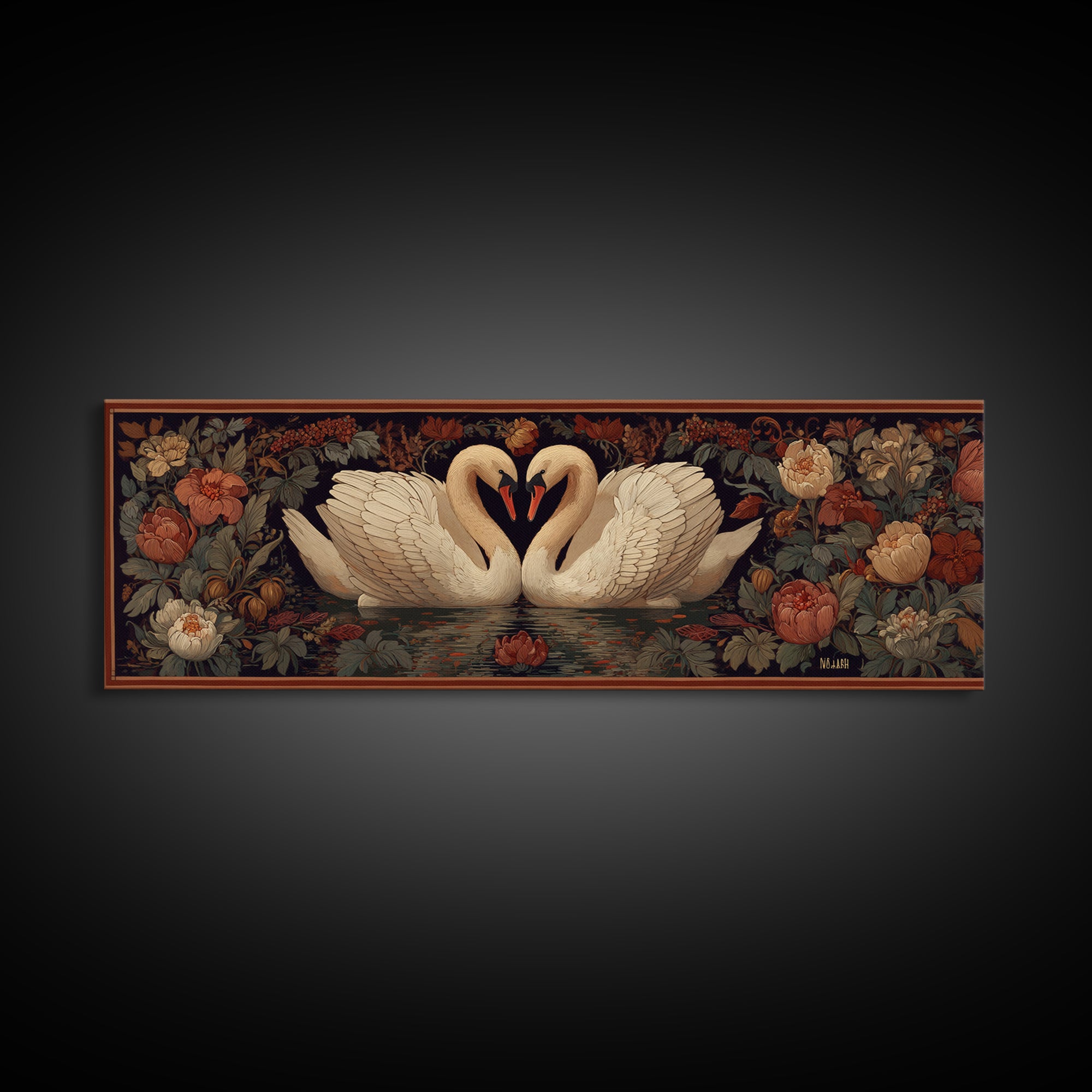 Two Swans Forming a Heart on Dark Canvas Print, Wedding Art, Printable Art, Living Room Decor, Fine Art, Romance, Beach Wedding, WED-3x1-42