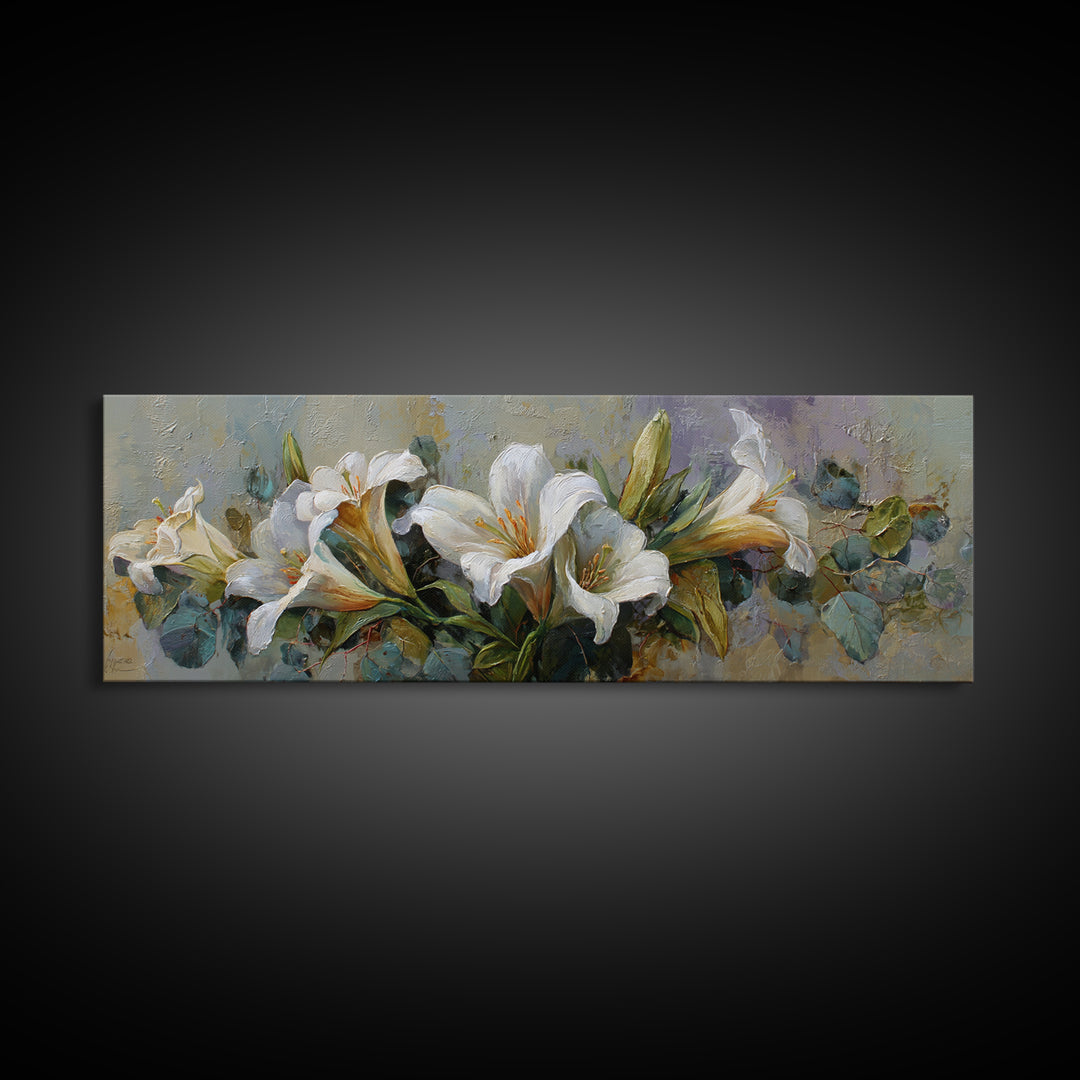 White Lilies and Eucalyptus Arrangement Canvas Print, Wedding Art, Custom Wedding Gift, Living Room Decor, Abstract Art, WED-3x1-49