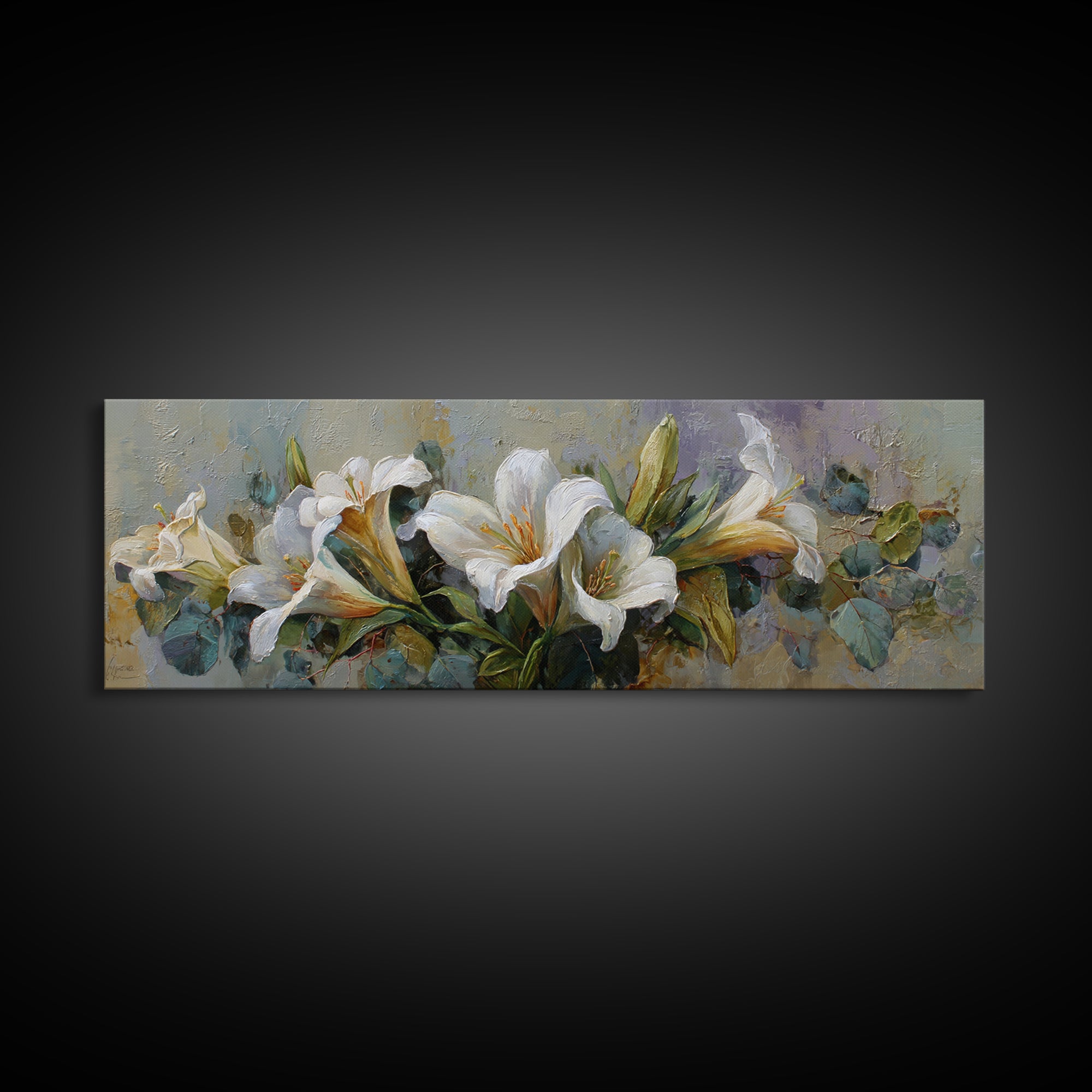 White Lilies and Eucalyptus Arrangement Canvas Print, Wedding Art, Custom Wedding Gift, Living Room Decor, Abstract Art, WED-3x1-49