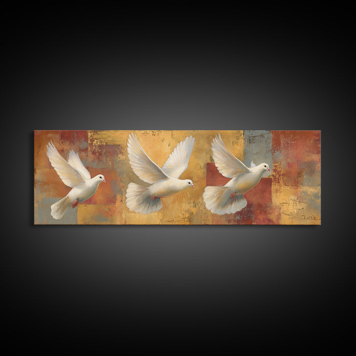 Doves Flying Through Soft Golden Light Framed Canvas Print, Wedding Art, Art, Living Room Decor, Romance, Custom Wedding Gift, WED-3x1-51