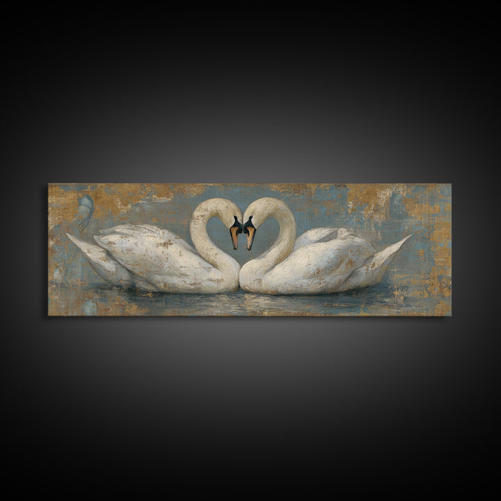 Two Swans Forming a Heart on Dark Canvas Print, Wedding Art, Printable Art, Living Room Decor, Fine Art, Romance, Beach Wedding, WED-3x1-66
