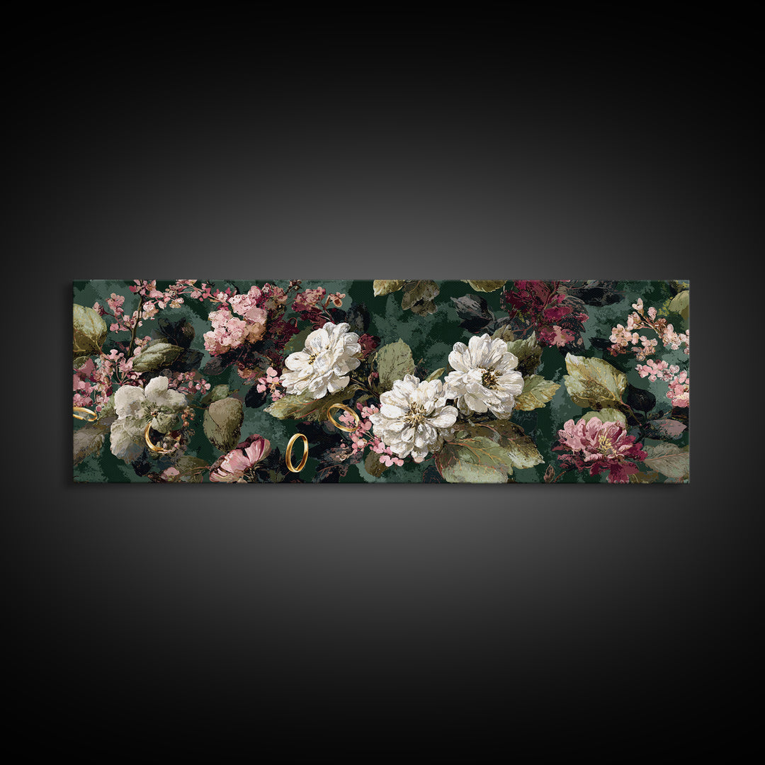 Gold Rings Resting on Velvet and Flowers Framed Canvas Print, Wedding Art, Custom Portrait, Living Room Decor, Romance, WED-3x1-67