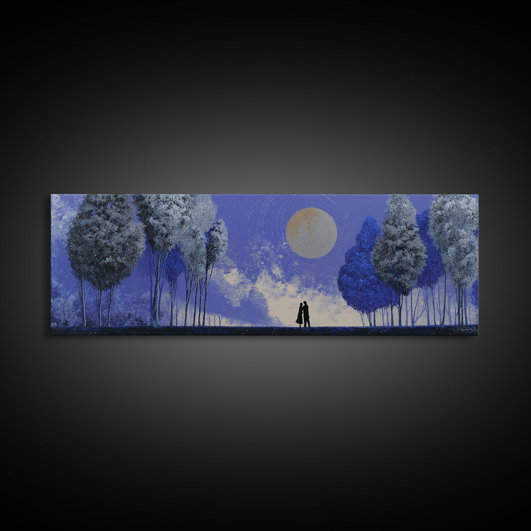 Couple Silhouette Beneath Moonlit Trees Framed Canvas Print, Wedding Art, Downloadable Art, Living Room Decor, Romance, WED-3x1-69
