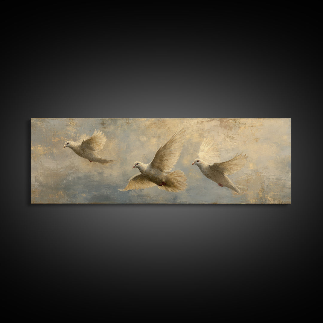 Doves Flying Through Soft Golden Light Canvas Print, Wedding Art, Wedding Guest Book, Living Room Decor, Fine Art, Romance, WED-3x1-75