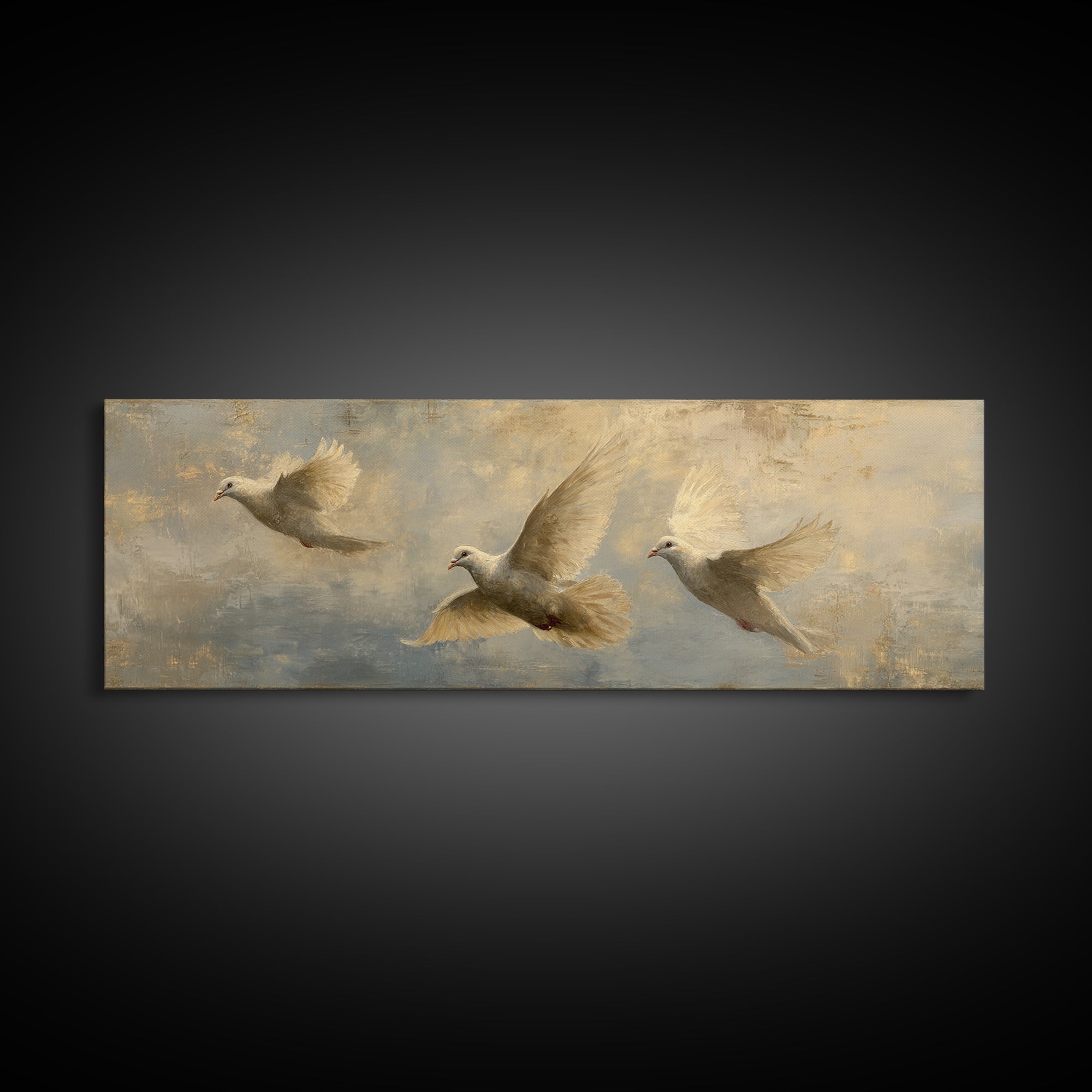 Doves Flying Through Soft Golden Light Canvas Print, Wedding Art, Wedding Guest Book, Living Room Decor, Fine Art, Romance, WED-3x1-75