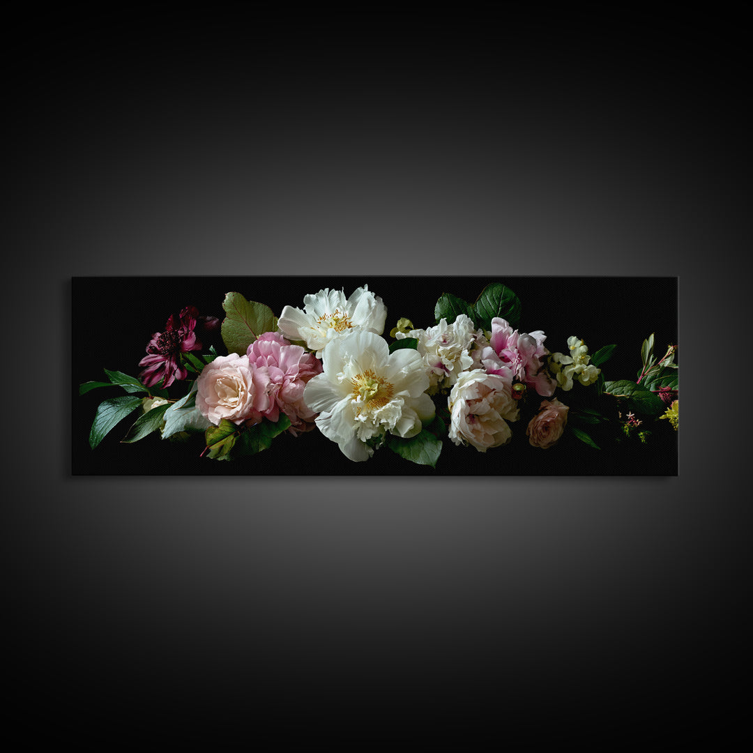 Romantic Bouquet of White Roses and Peonies Framed Canvas Print, Wedding Art, Beach Wedding, Living Room Decor, Oil Painting, WED-3x1-89