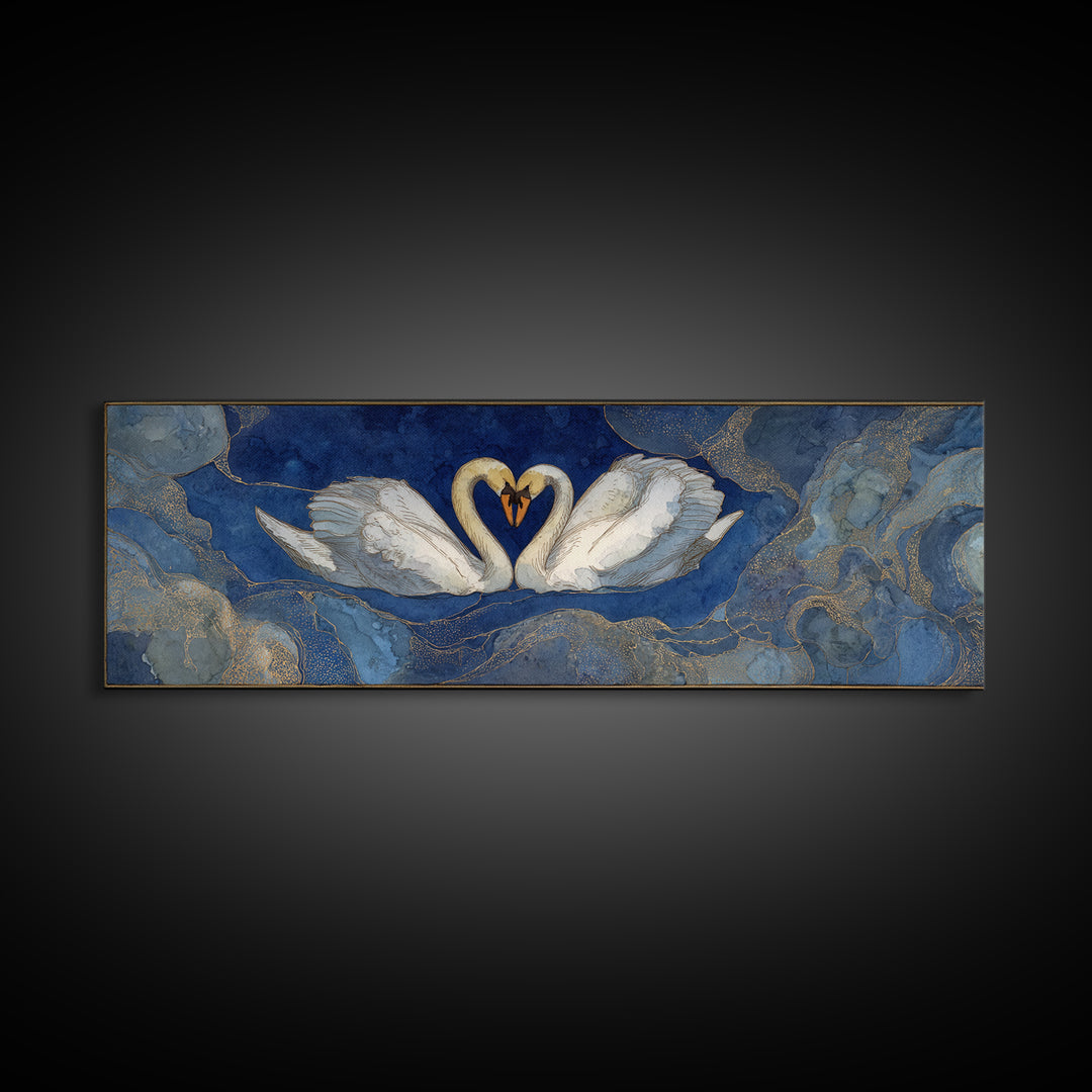Two Swans Forming a Heart on Dark Framed Canvas Print, Wedding Art, Jewish Art, Living Room Decor, Fine Art, Romance, WED-3x1-90