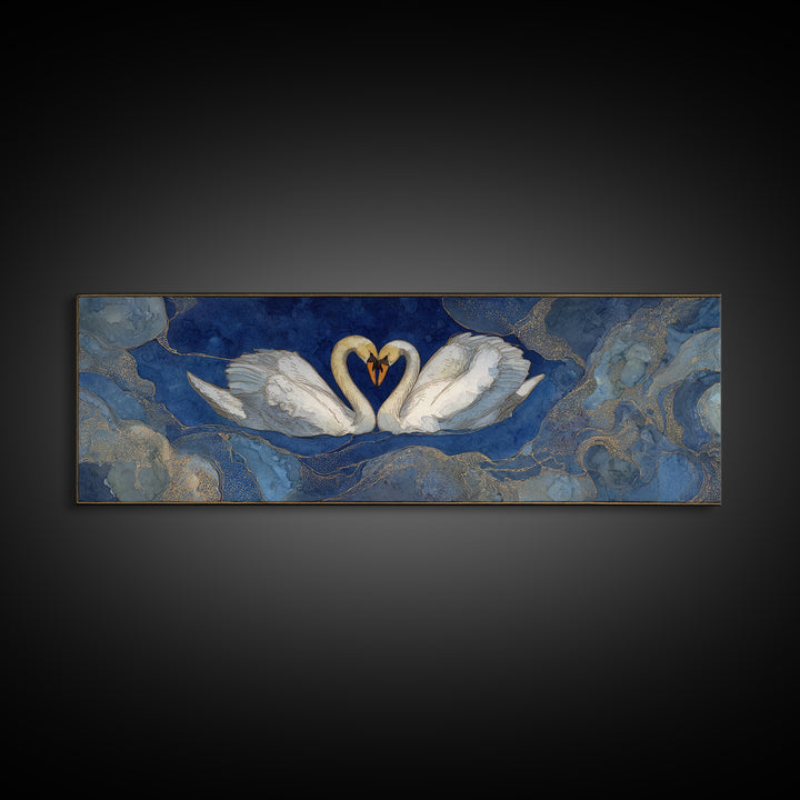 Two Swans Forming a Heart on Dark Framed Canvas Print, Wedding Art, Jewish Art, Living Room Decor, Fine Art, Romance, WED-3x1-90