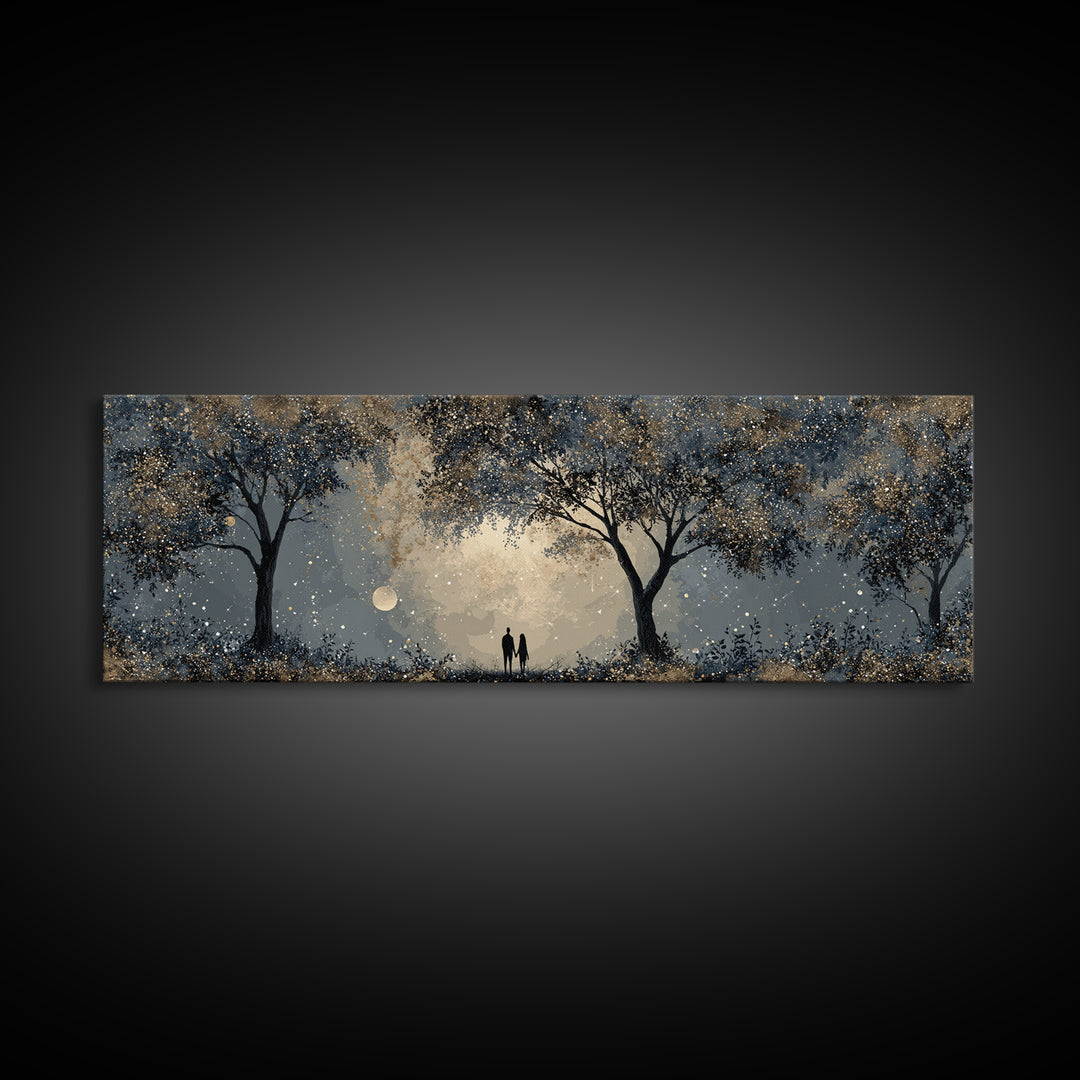 Couple Silhouette Beneath Moonlit Trees Canvas Print, Wedding Art, Wedding Reception, Living Room Decor, Fine Art, Romance, WED-3x1-93