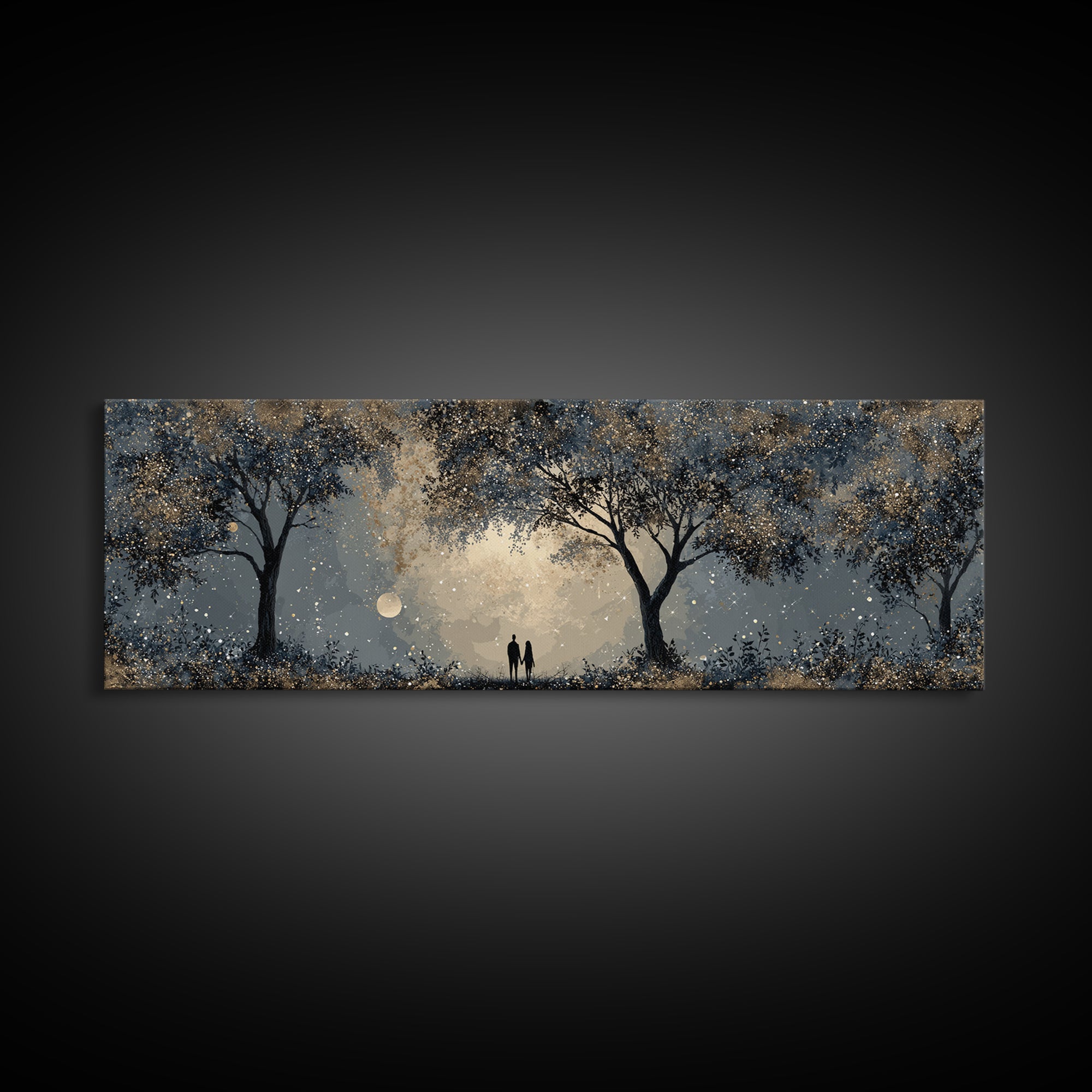 Couple Silhouette Beneath Moonlit Trees Canvas Print, Wedding Art, Wedding Reception, Living Room Decor, Fine Art, Romance, WED-3x1-93