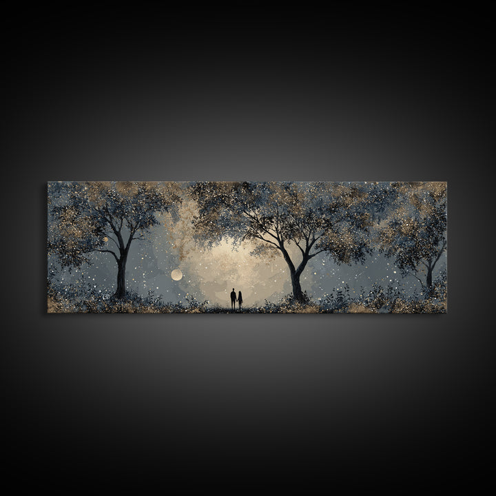 Couple Silhouette Beneath Moonlit Trees Canvas Print, Wedding Art, Wedding Reception, Living Room Decor, Fine Art, Romance, WED-3x1-93