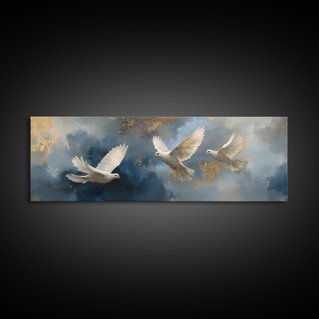 Doves Flying Through Soft Golden Light Framed Canvas Print, Wedding Art, Gallery Decor, Living Room Decor, Fine Art, Romance, WED-3x1-99