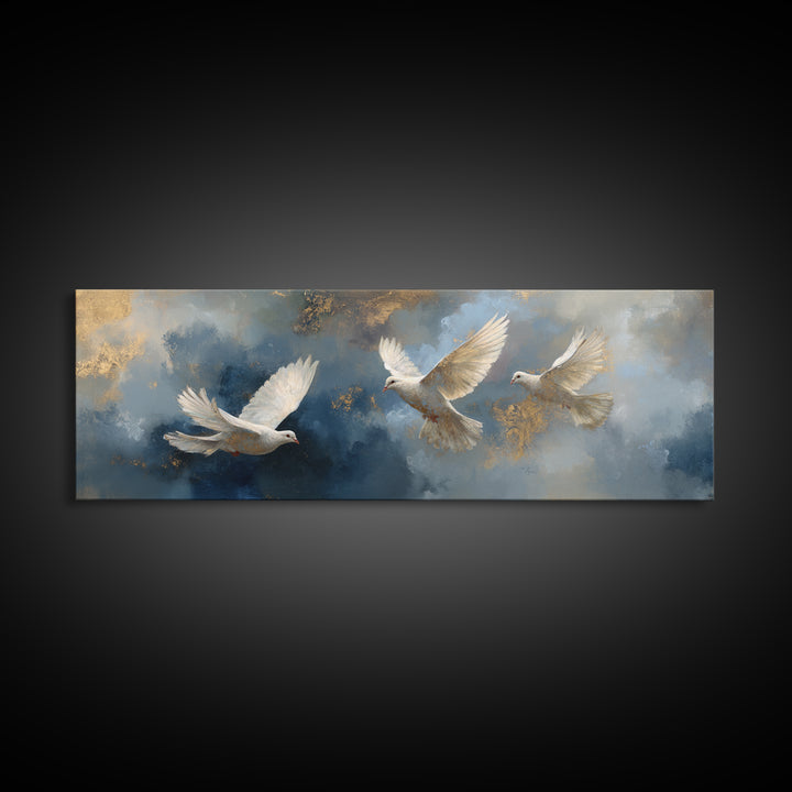 Doves Flying Through Soft Golden Light Framed Canvas Print, Wedding Art, Gallery Decor, Living Room Decor, Fine Art, Romance, WED-3x1-99