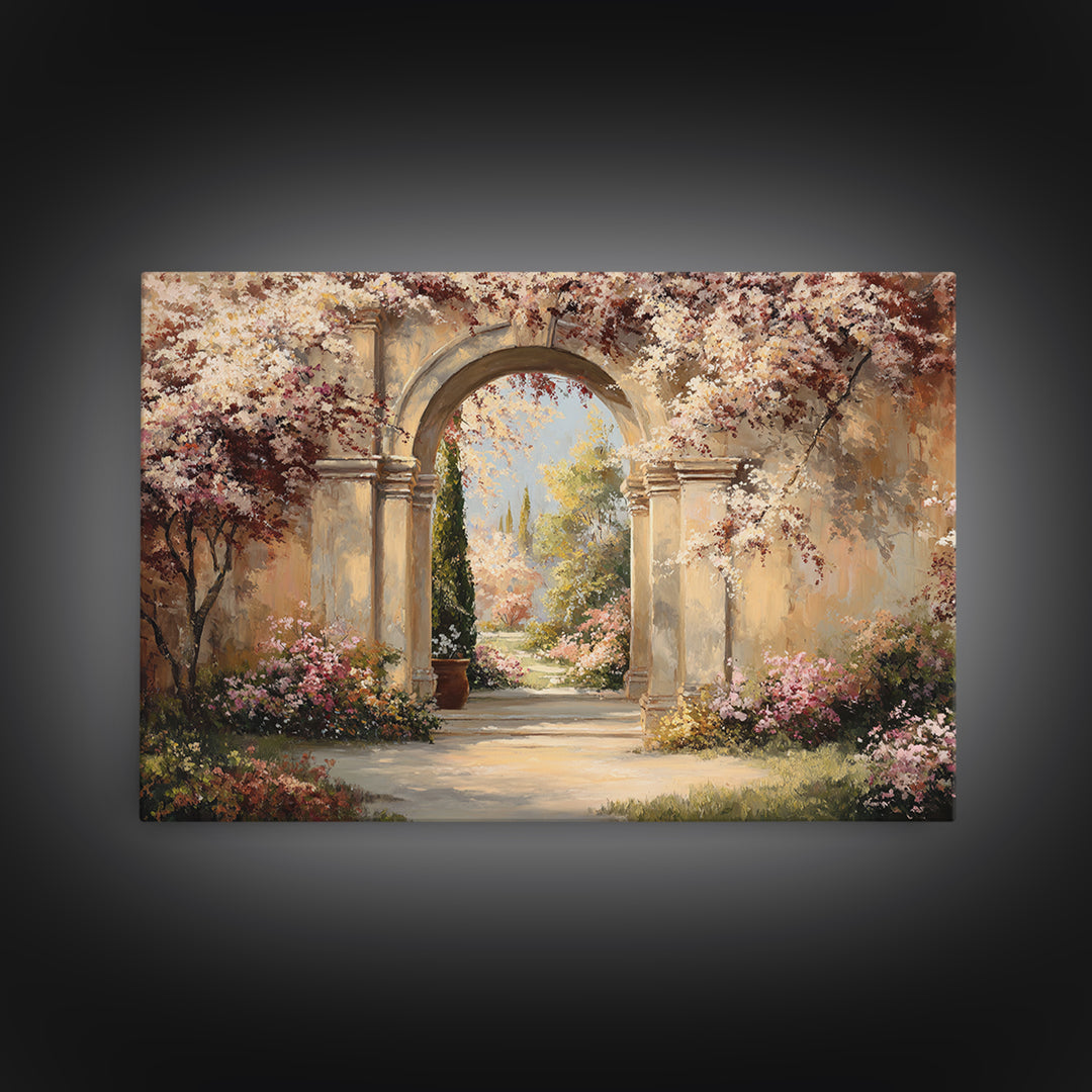 Romantic Garden Arch Covered Framed Canvas Print, Wedding Art, Wedding, Living Room Decor, Oil Painting, Romance, WED-3x2-14