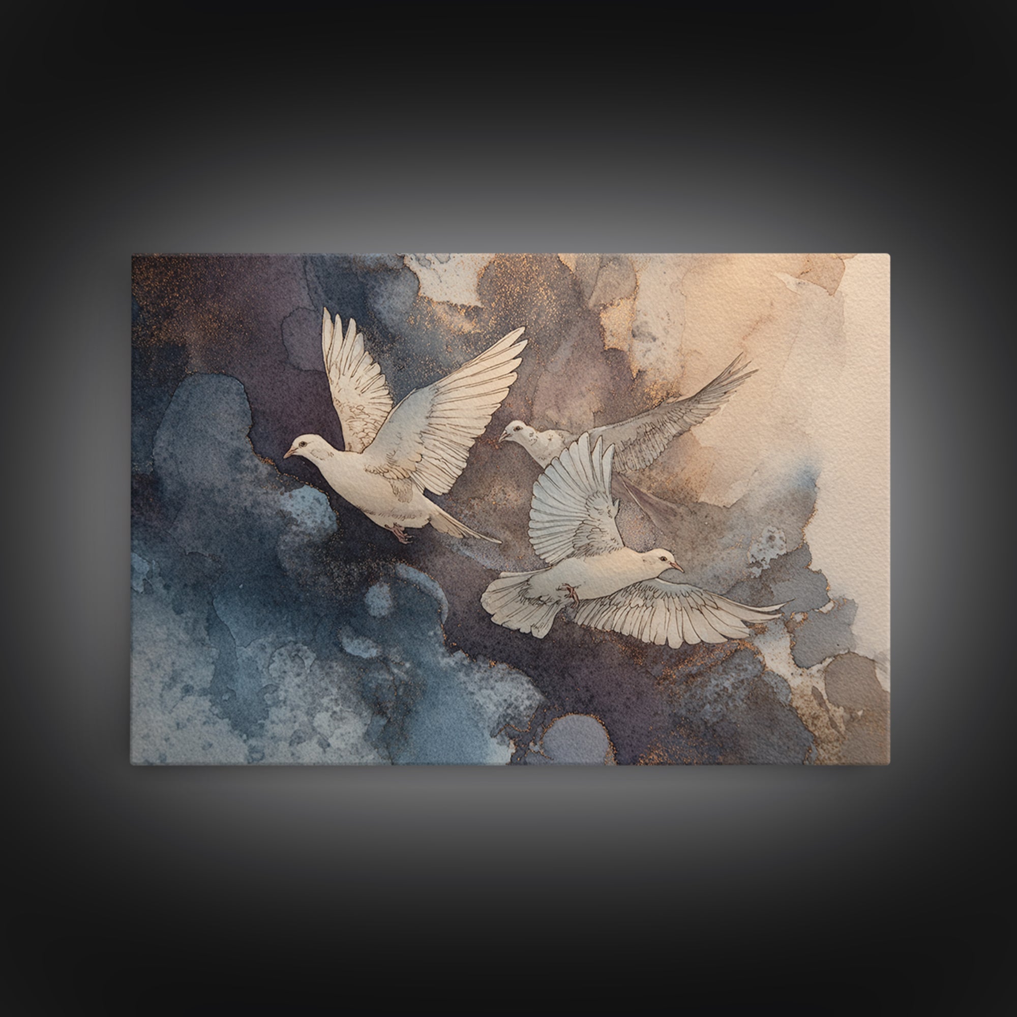 Doves Flying Through Soft Golden Light Framed Canvas Print, Wedding Art, Minimalist Decor, Living Room Decor, Fine Art, Romance, WED-3x2-15