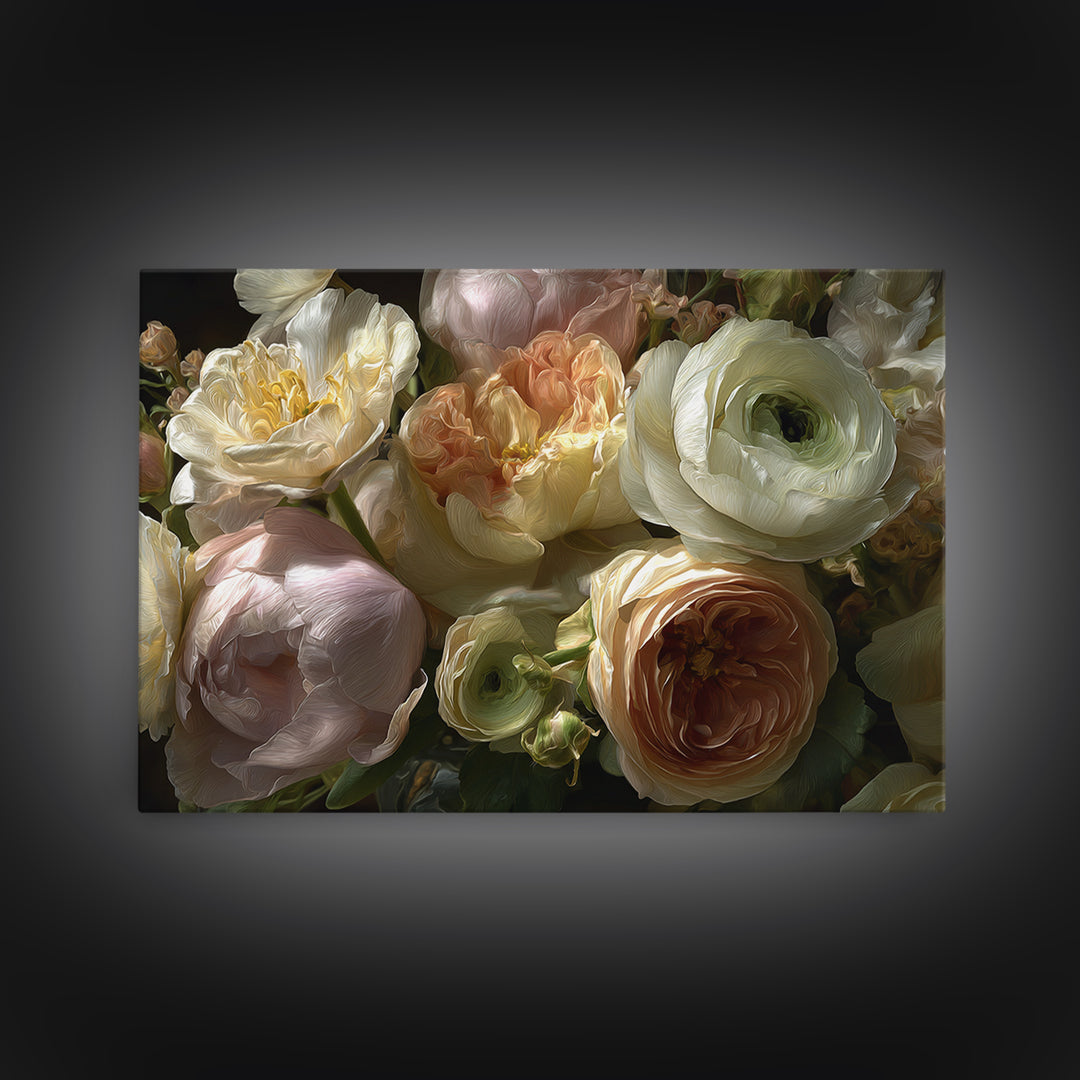 Peony and Ranunculus Bouquet Framed Canvas Print, Wedding Art, Wedding Guest Book, Living Room Decor, Fine Art, Romance, WED-3x2-24