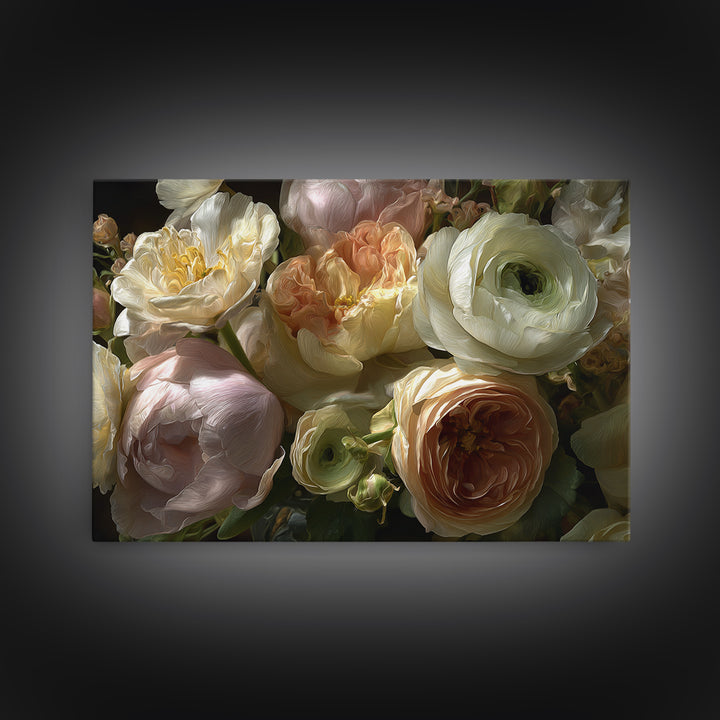 Peony and Ranunculus Bouquet Framed Canvas Print, Wedding Art, Wedding Guest Book, Living Room Decor, Fine Art, Romance, WED-3x2-24