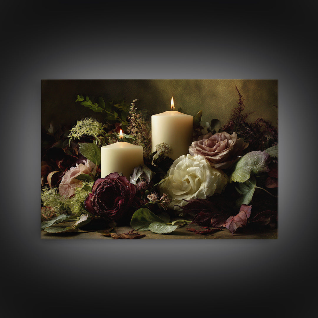 Romantic Candle and Floral Still Life Canvas Print, Wedding Art, Custom Portrait, Living Room Decor, Fine Art, Romance, WED-3x2-26