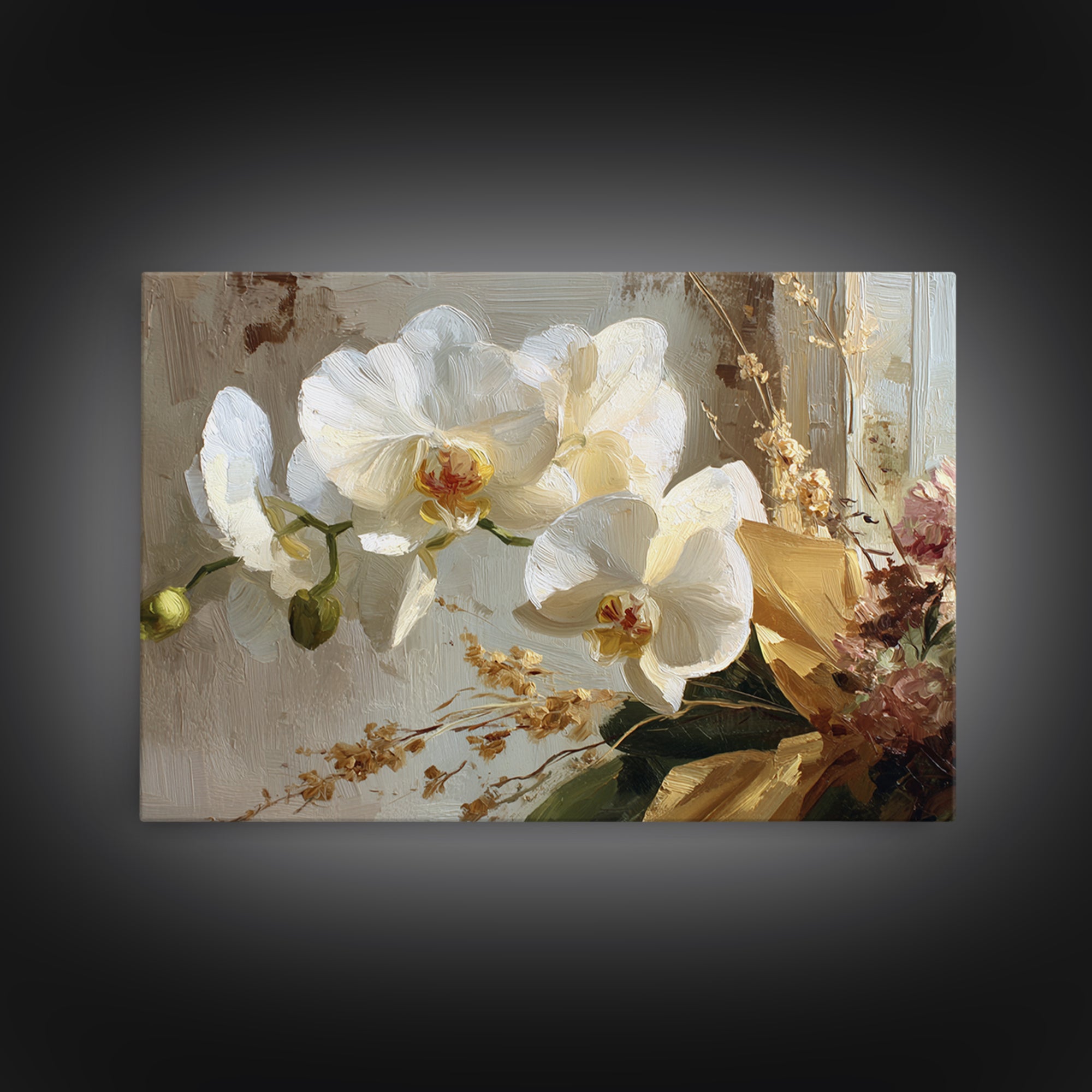 White Orchid and Gold Ribbon Composition Framed Canvas Print, Wedding Art, Wedding, Living Room Decor, Fine Art, Romance, WED-3x2-28