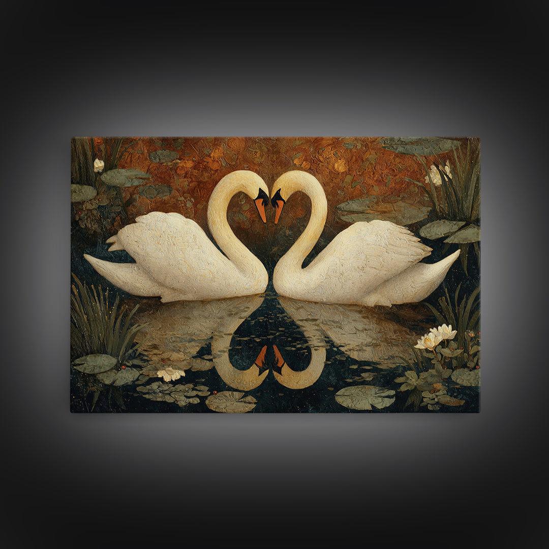 Two Swans Forming a Heart on Dark Canvas Print, Wedding Art, Custom Painting, Living Room Decor, Romance, Wedding Reception, WED-3x2-30