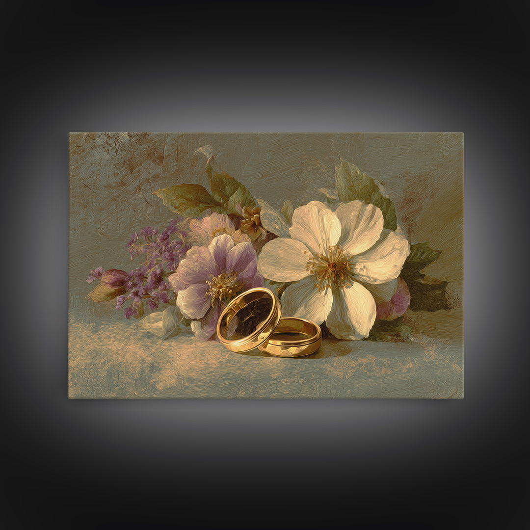 Gold Rings Resting on Velvet and Flowers Framed Canvas Print, Wedding Art, Wedding Guestbook, Living Room Decor, Romance, WED-3x2-31